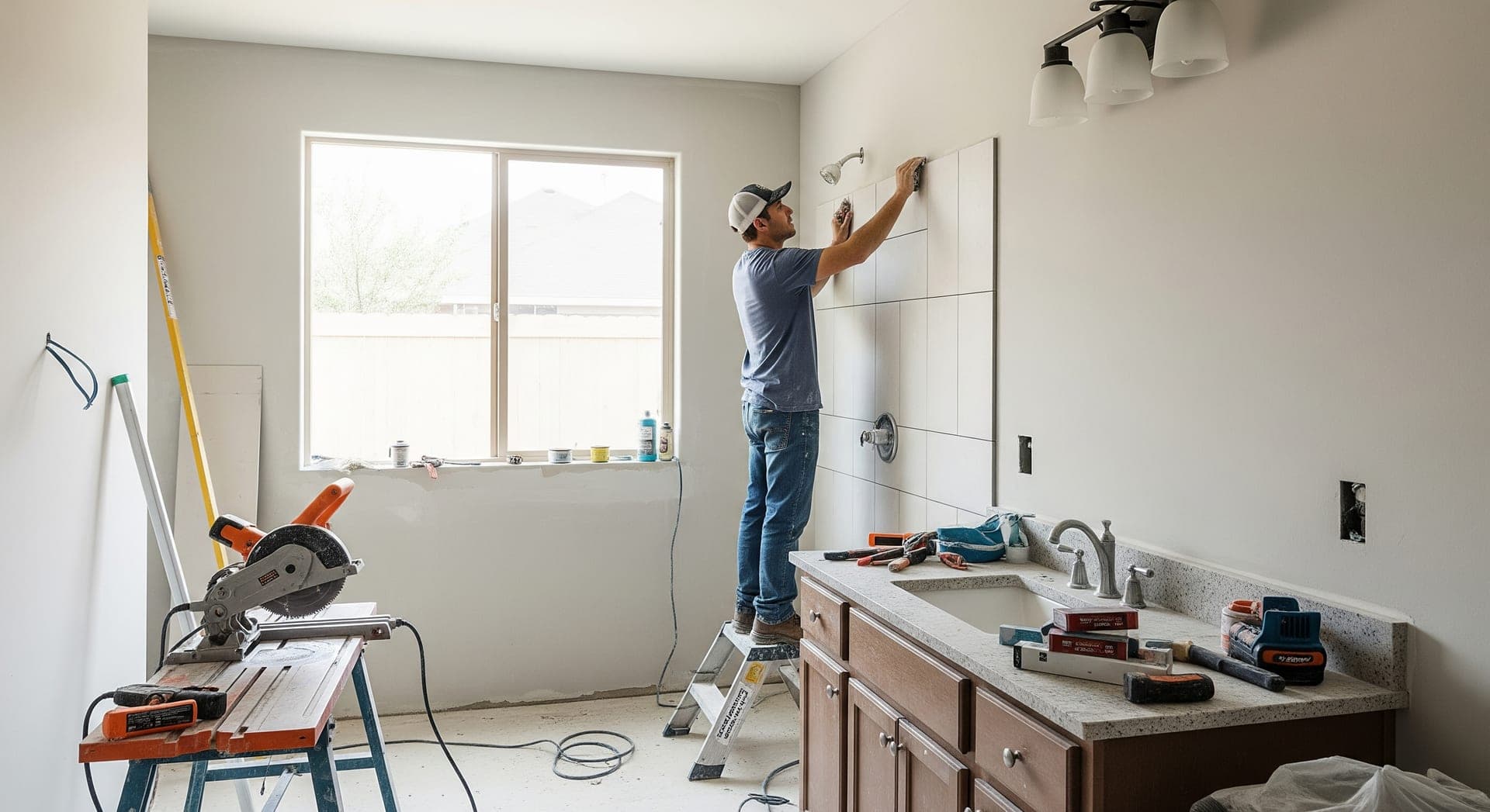 Worker installing ceramic tile on a bathroom floor during a renovation